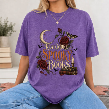 Read More Spooky Books Printed T-Shirt | Halloween Book Lover Gift Heather Purple