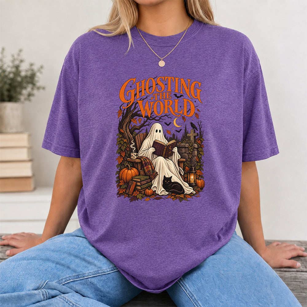 Ghosting The World Cotton T-Shirt | Halloween Book Lover Gift Heather Purple