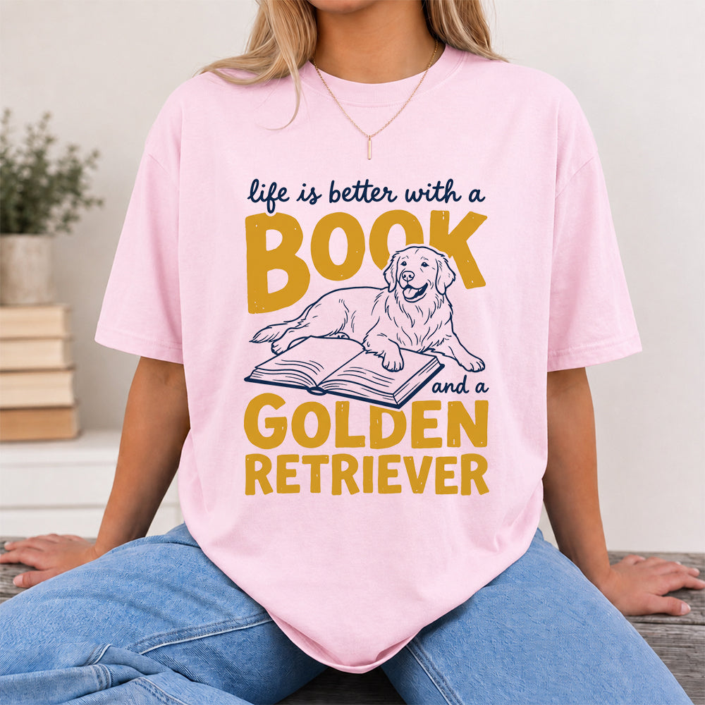 Life Is Better With A Book And A Golden Retriever Softstyle T-Shirt | Book Lover Gift Light Pink