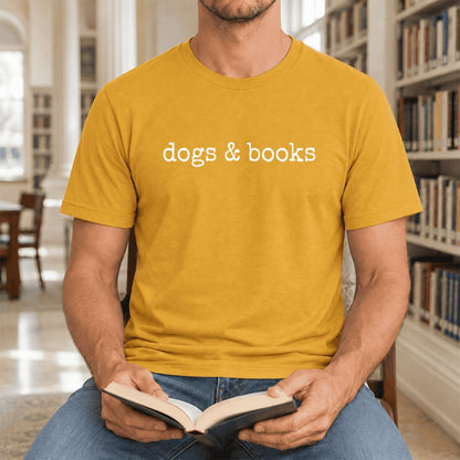 Dogs & Books Ultra-Soft Cotton T-Shirt | Dog Lover & Reader Gift Mustard