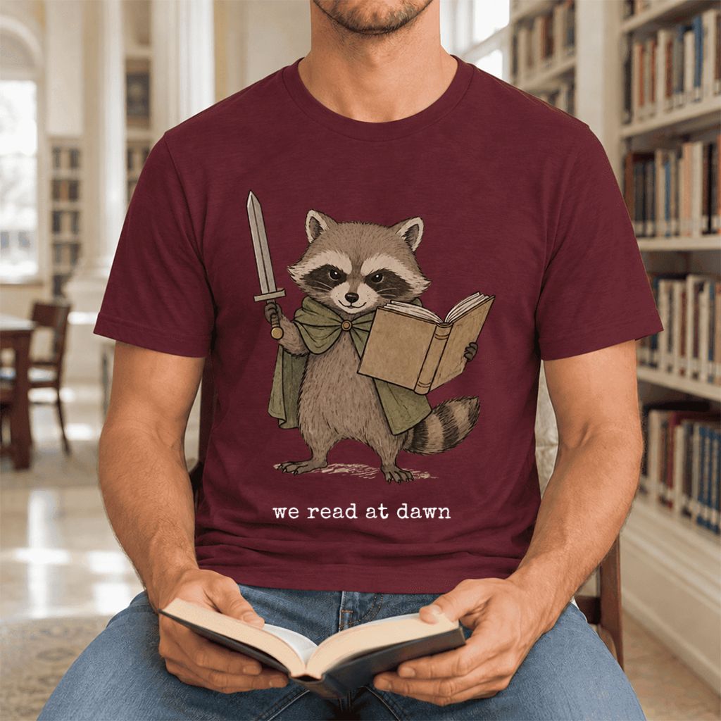 We Read At Dawn Funny Racoon Ultra-Soft Cotton T-Shirt | Playful Reader Gift Maroon