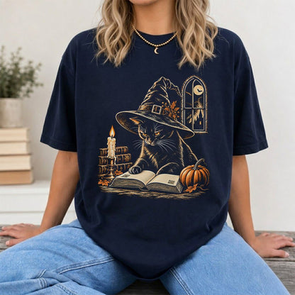 Reading Black Cat Witch Printed T-Shirt | Halloween Book Lover Gift Navy