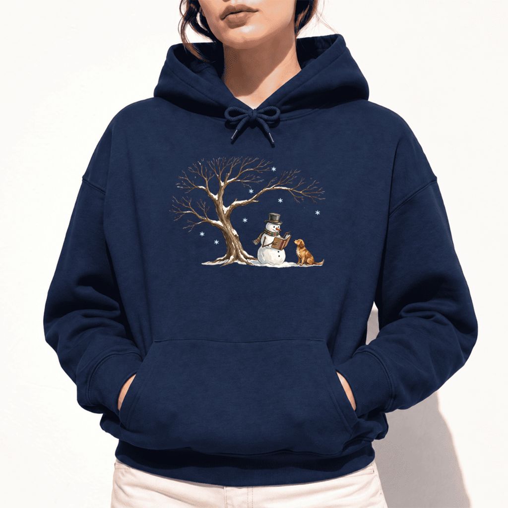 Golden Retriever And Snowman Under Tree Softstyle Hoodie | Christmas Reader Gift Navy