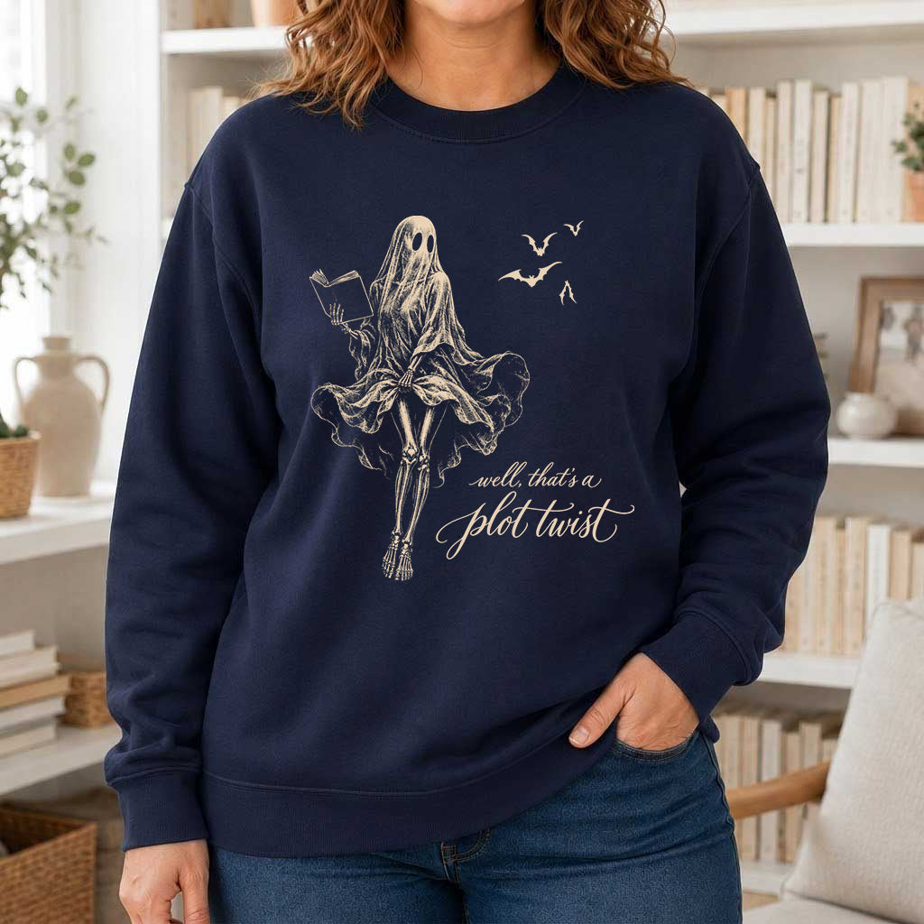 Funny Dress-Wearing Bookworm Ghost Printed Sweatshirt | Halloween Reader Gift Navy