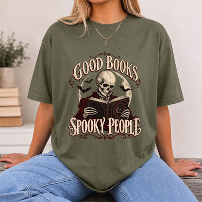 Good Books Spooky People Printed T-Shirt | Halloween Book Lover Gift Military Green