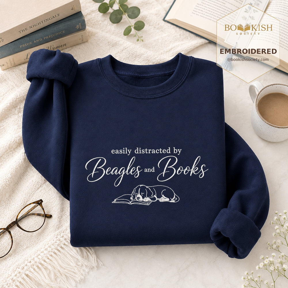 Easily Distracted By Beagles And Books Embroidered Sweatshirt | Dog Lover & Reader Gift Navy