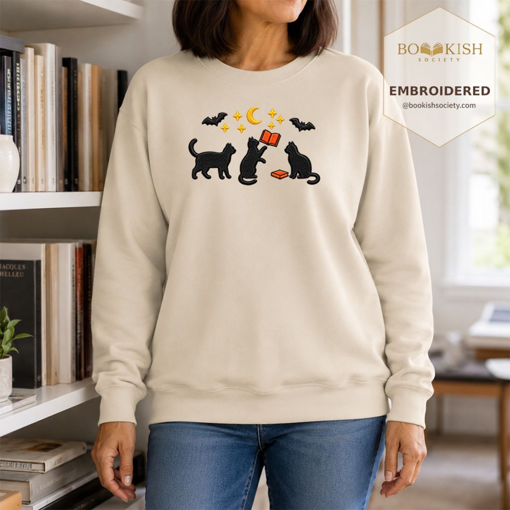 Black Cats With Books Embroidered Sweatshirt | Spooky Reader Gift Sand