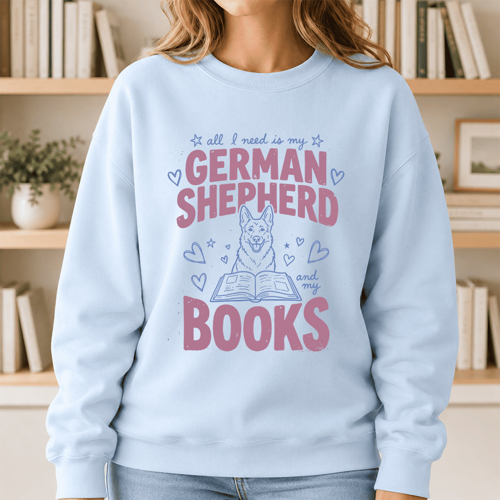 All I Need Is My German Shepherd And My Books Crewneck Sweatshirt | Dog Lover & Reader Gift Light Blue
