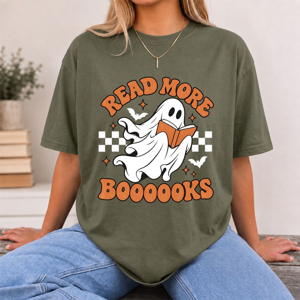 Read More Books Flying Ghost Printed T-Shirt | Halloween Book Lover Gift Military Green