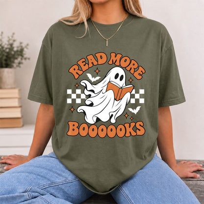 Read More Books Flying Ghost Printed T-Shirt | Halloween Book Lover Gift Military Green