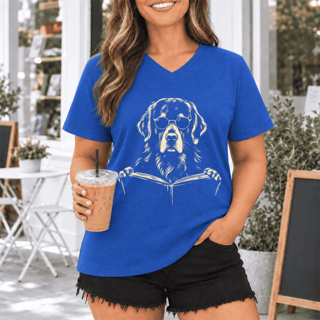 Golden Retriever Reading Book Ultra-Soft V-Neck | Dog Mom Reader Gift True Royal