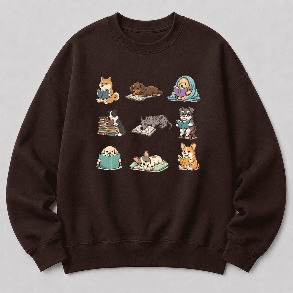 Funny Dogs Reading Crewneck Sweatshirt | Reader Gift Dark Chocolate