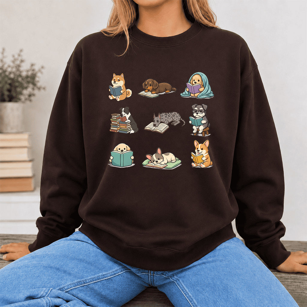 Funny Dogs Reading Crewneck Sweatshirt | Reader Gift Dark Chocolate