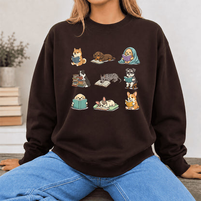 Funny Dogs Reading Crewneck Sweatshirt | Reader Gift Dark Chocolate
