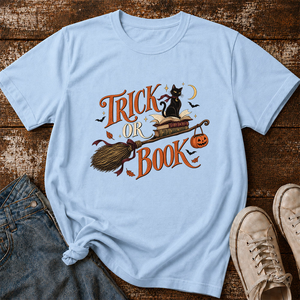 Trick Or Book Black Cat Printed T-Shirt | Halloween Book Lover Gift Light Blue