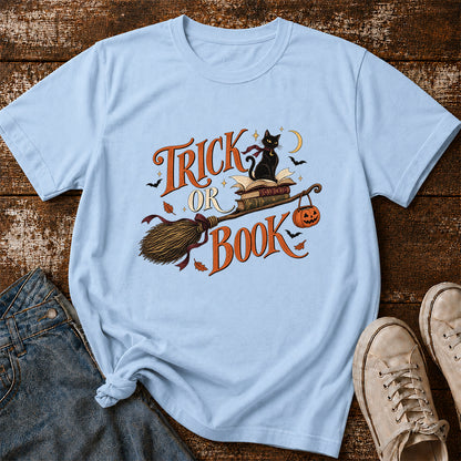 Trick Or Book Black Cat Printed T-Shirt | Halloween Book Lover Gift Light Blue