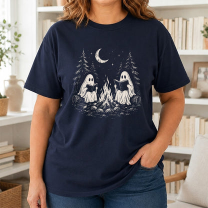 Camping Reading Ghosts Printed T-Shirt | Spooky Book Lover Gift Navy
