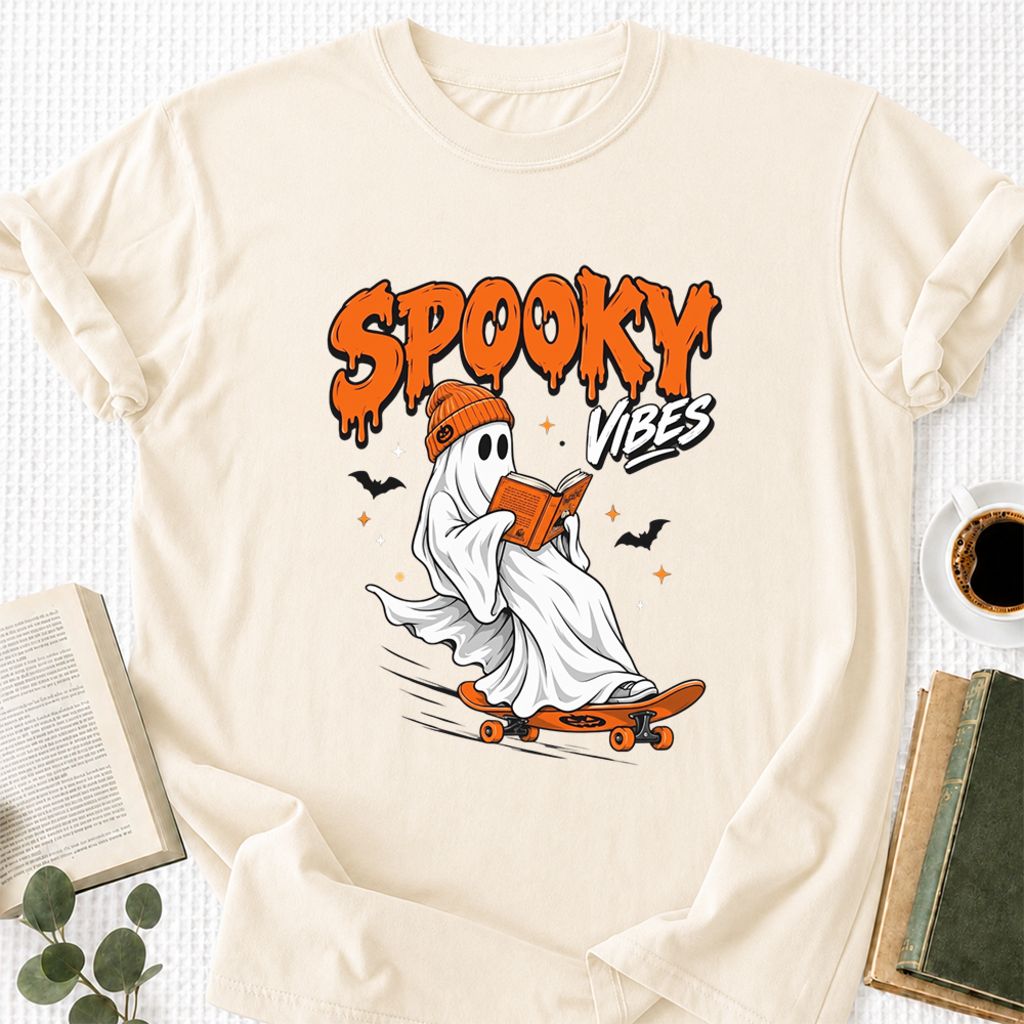 Spooky Vibes Printed T-Shirt | Halloween Book Lover Gift Natural