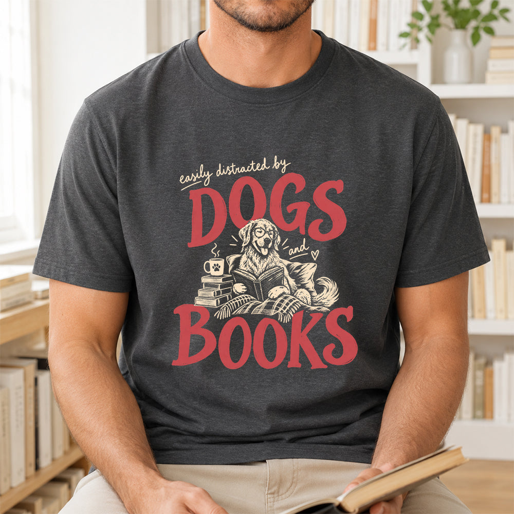 Easily Distracted By Dogs And Books Softstyle T-Shirt | Book Lover Gift Dark Heather