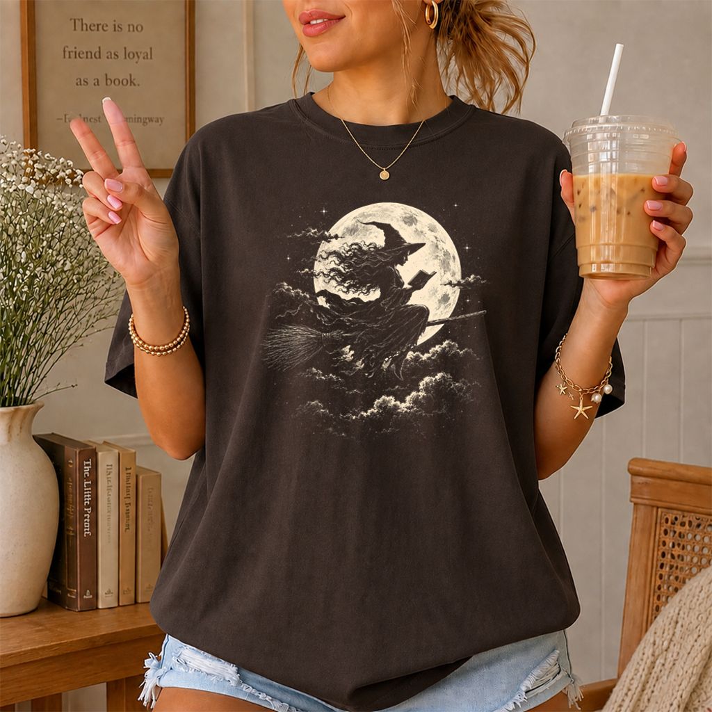 Reading Witch On The Flying Broom Printed T-Shirt | Halloween Book Lover Gift Dark Chocolate