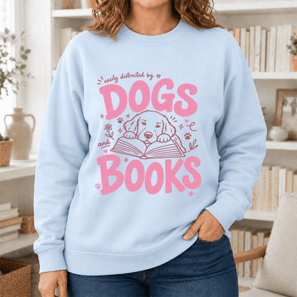 Easily Distracted By Dog And Books Crewneck Sweatshirt | Dog Lover & Reader Gift Light Blue
