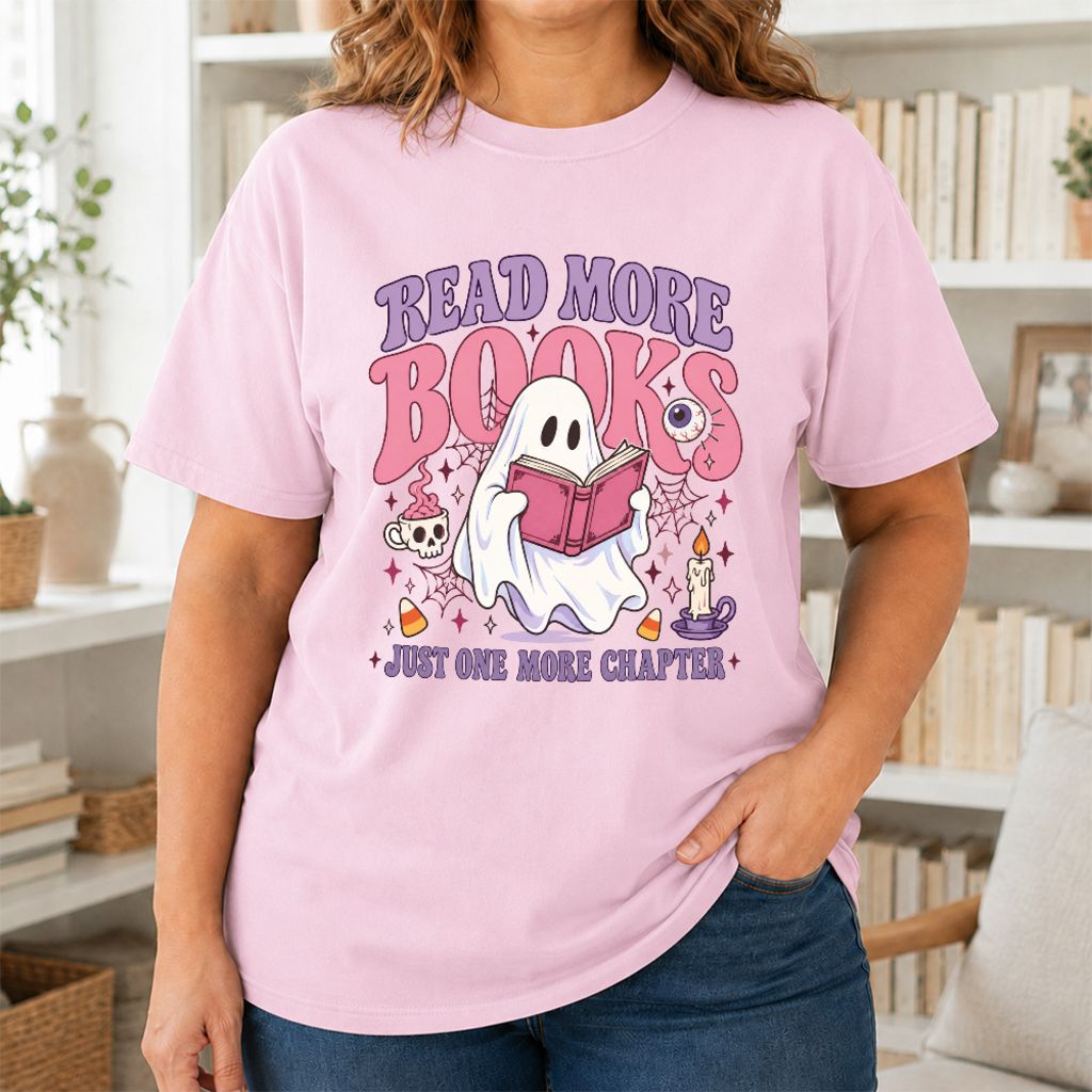 Read More Books Ghost Printed T-Shirt | Halloween Book Lover Gift Light Pink