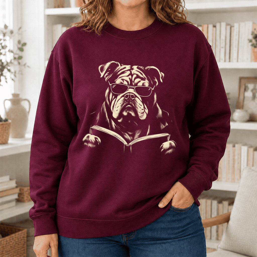Bulldog Reading Book Crewneck Sweatshirt | Reader Gift Maroon