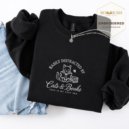 Easily Distracted By Cats And Books V2 Embroidered Sweatshirt | Reader Gift Black