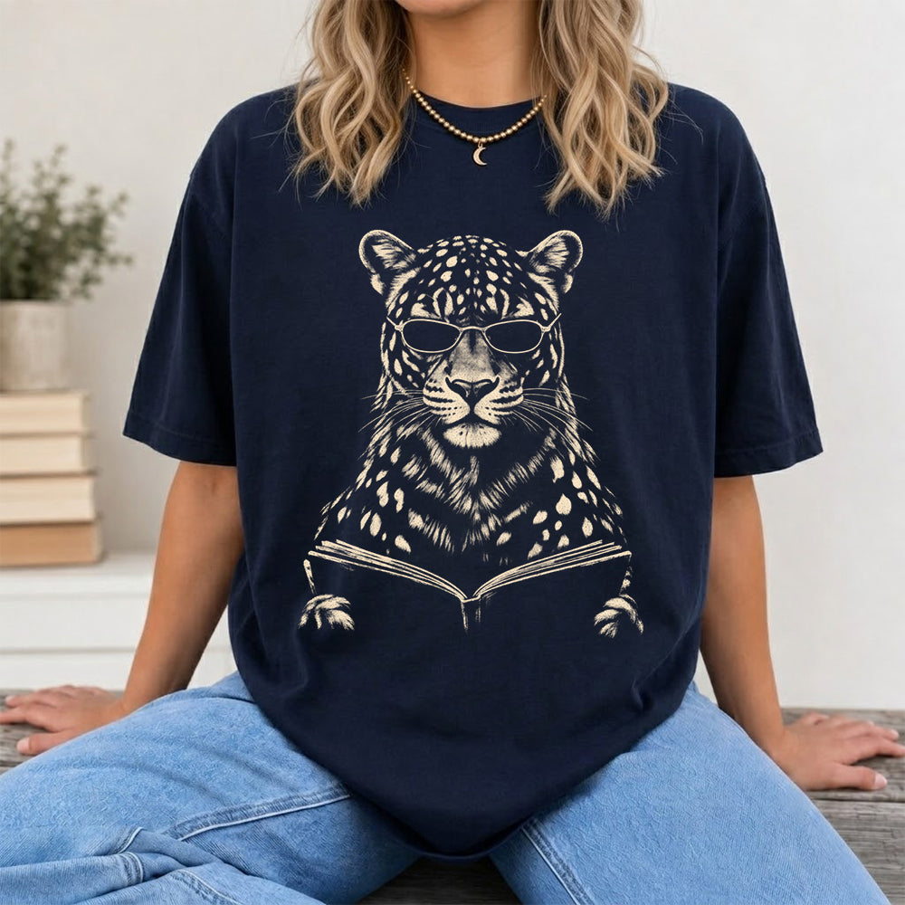 Leopard Reading Book Softstyle T-Shirt | Book Lover Gift Navy