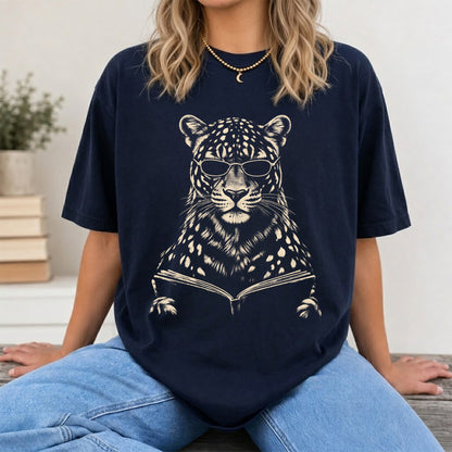 Leopard Reading Book Softstyle T-Shirt | Book Lover Gift Navy