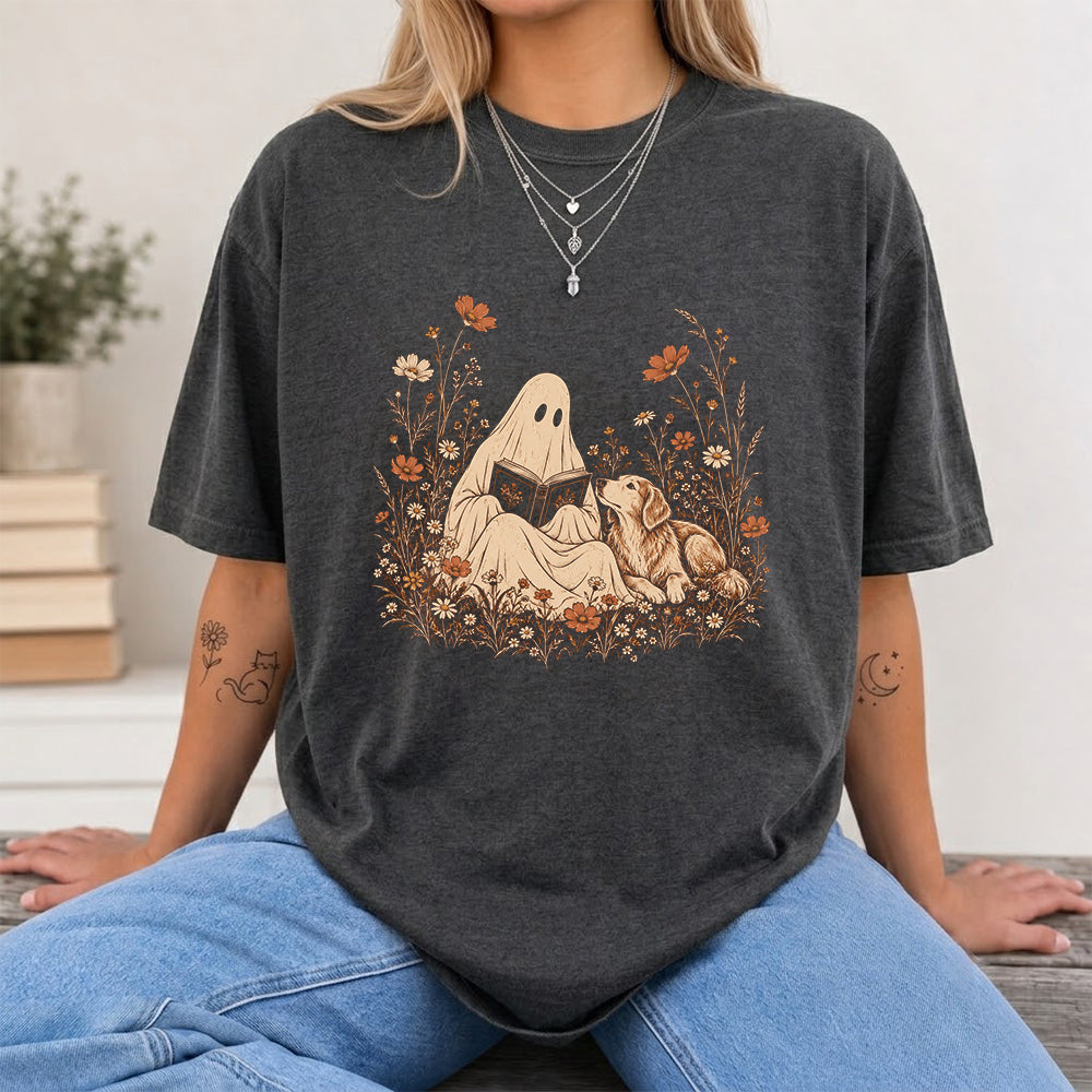 Ghost Wildflowers With Book And Golden Retriever Printed T-Shirt | Halloween Dog Lover Gift Dark Heather