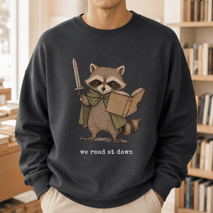 Raccoon We Read At Dawn Crewneck Sweatshirt | Reader Gift Dark Heather