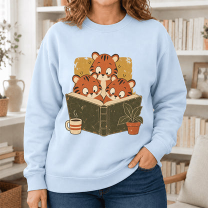 Minimal Japanese Tigers Reading Crewneck Sweatshirt | Reader Gift Light Blue
