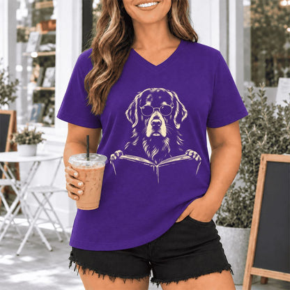 Golden Retriever Reading Book Ultra-Soft V-Neck | Dog Mom Reader Gift Team Purple