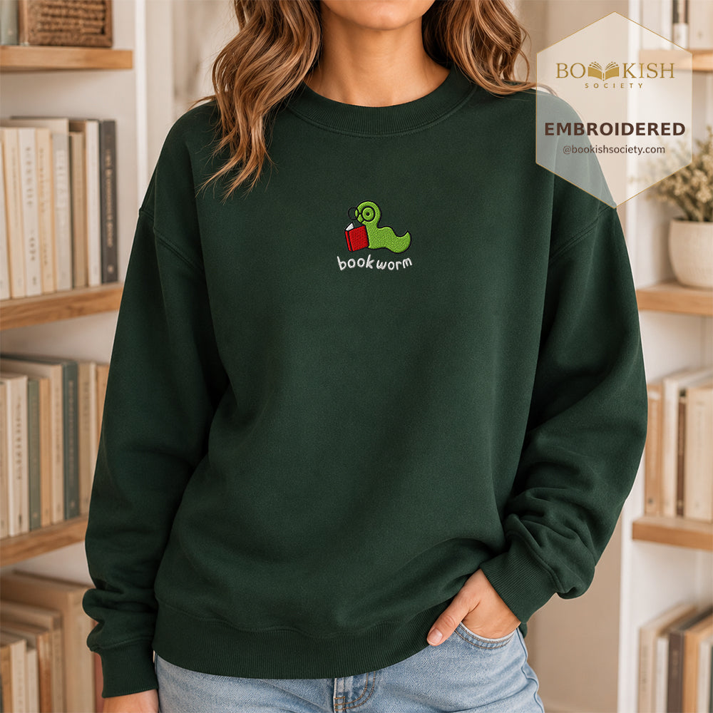 Bookworm Embroidered Sweatshirt | Reader Gift Forest Green
