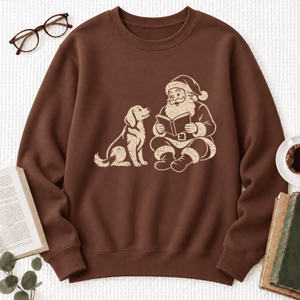 Funny Dog With Reading Santa Softstyle Sweatshirt | Christmas Book Lover Gift Cocoa