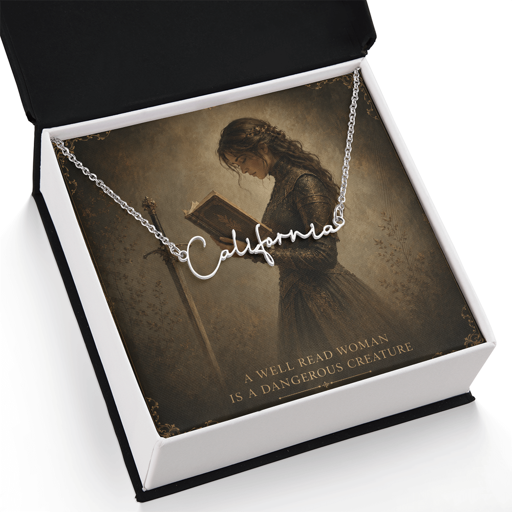 A Well Read Woman Is A Dangerous Creature Decorative Card And Custom Name Polished Stainless Steel Necklace With Box Book Lover Gift Font 2