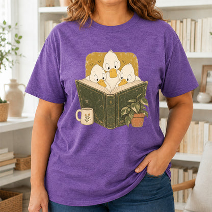 Minimal Japanese Ducks Reading Softstyle T-Shirt | Book Lover Gift Heather Purple