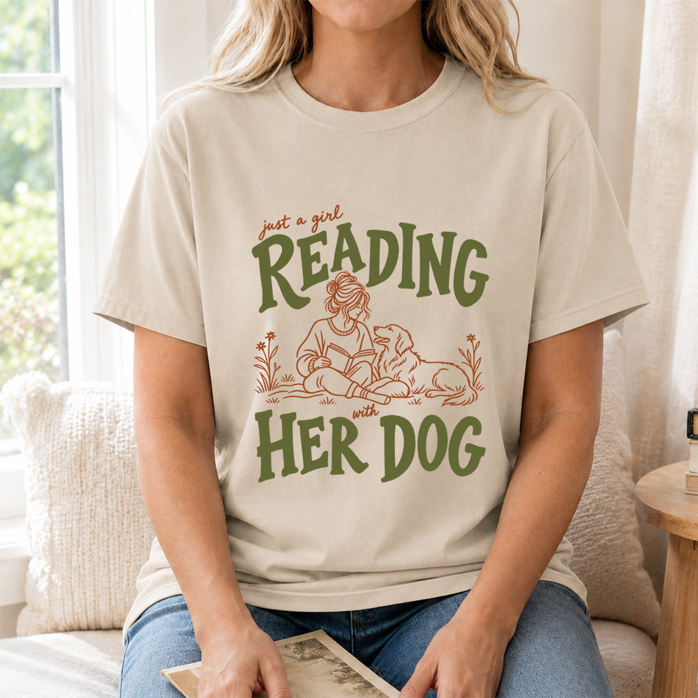 Just A Girl Reading With Her Dog Softstyle T-Shirt | Book Lover Gift Sand