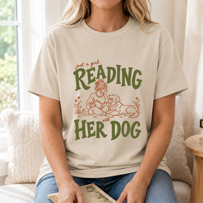 Just A Girl Reading With Her Dog Softstyle T-Shirt | Book Lover Gift Sand