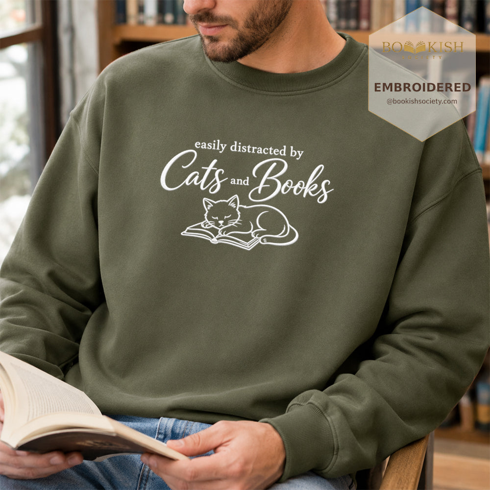 Distracted By Cats And Books Embroidered Sweatshirt | Reader Gift Military Green