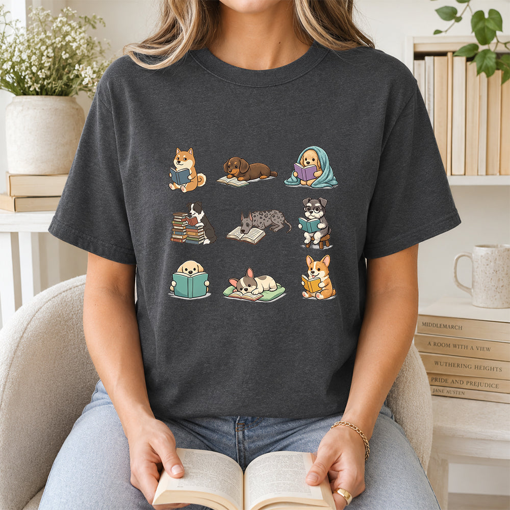 Funny Dogs Reading Softstyle T-Shirt | Book Lover Gift Dark Heather