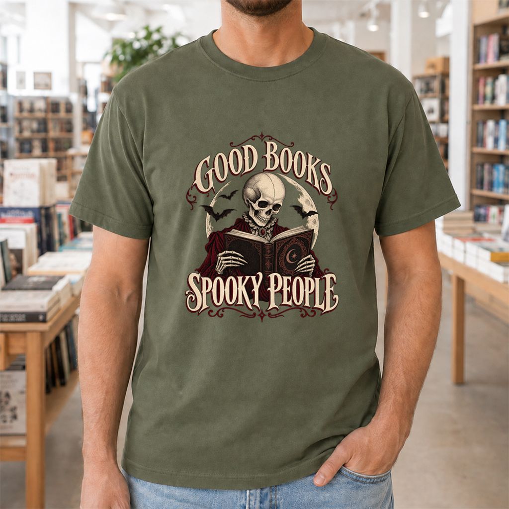Good Books Spooky People Printed T-Shirt | Halloween Book Lover Gift Military Green