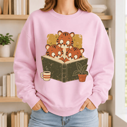 Minimal Japanese Tigers Reading Crewneck Sweatshirt | Reader Gift Light Pink