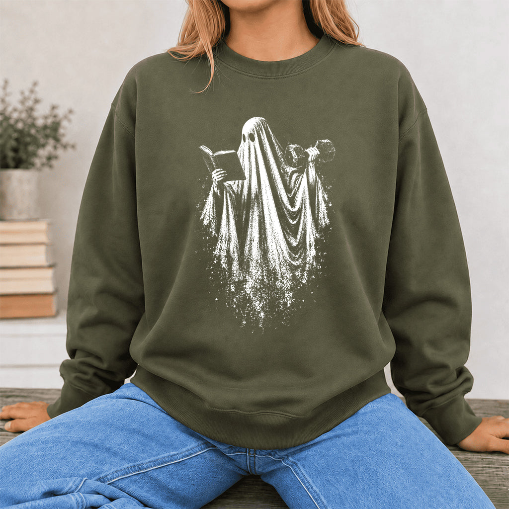 Reading Gym Ghost Printed Sweatshirt | Halloween Book Lover Gift Military Green