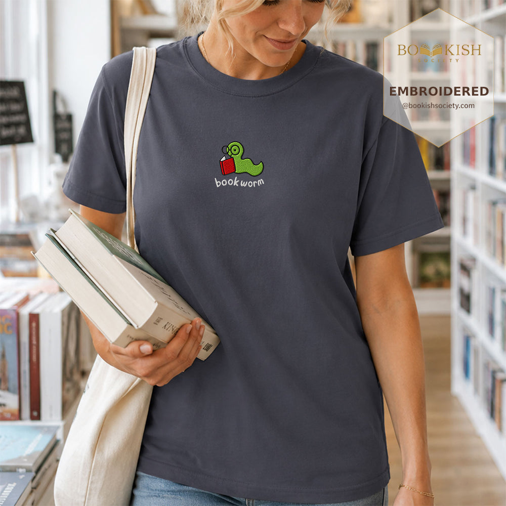 Embroidered Bookworm Comfort Color® T-shirt Book Lover Gift Navy