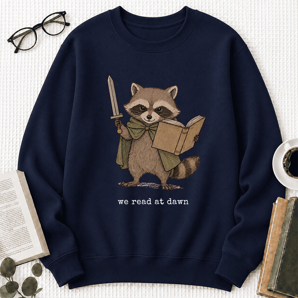 Raccoon We Read At Dawn Crewneck Sweatshirt | Reader Gift Navy