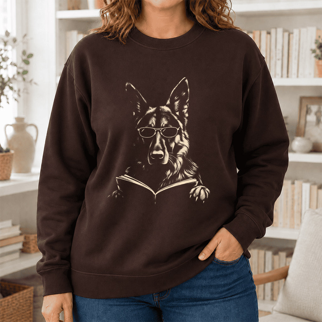 German Shepherd Reading Book Crewneck Sweatshirt | Reader Gift Dark Chocolate