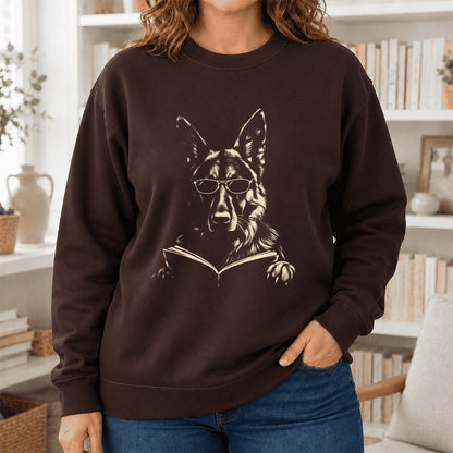 German Shepherd Reading Book Crewneck Sweatshirt | Reader Gift Dark Chocolate