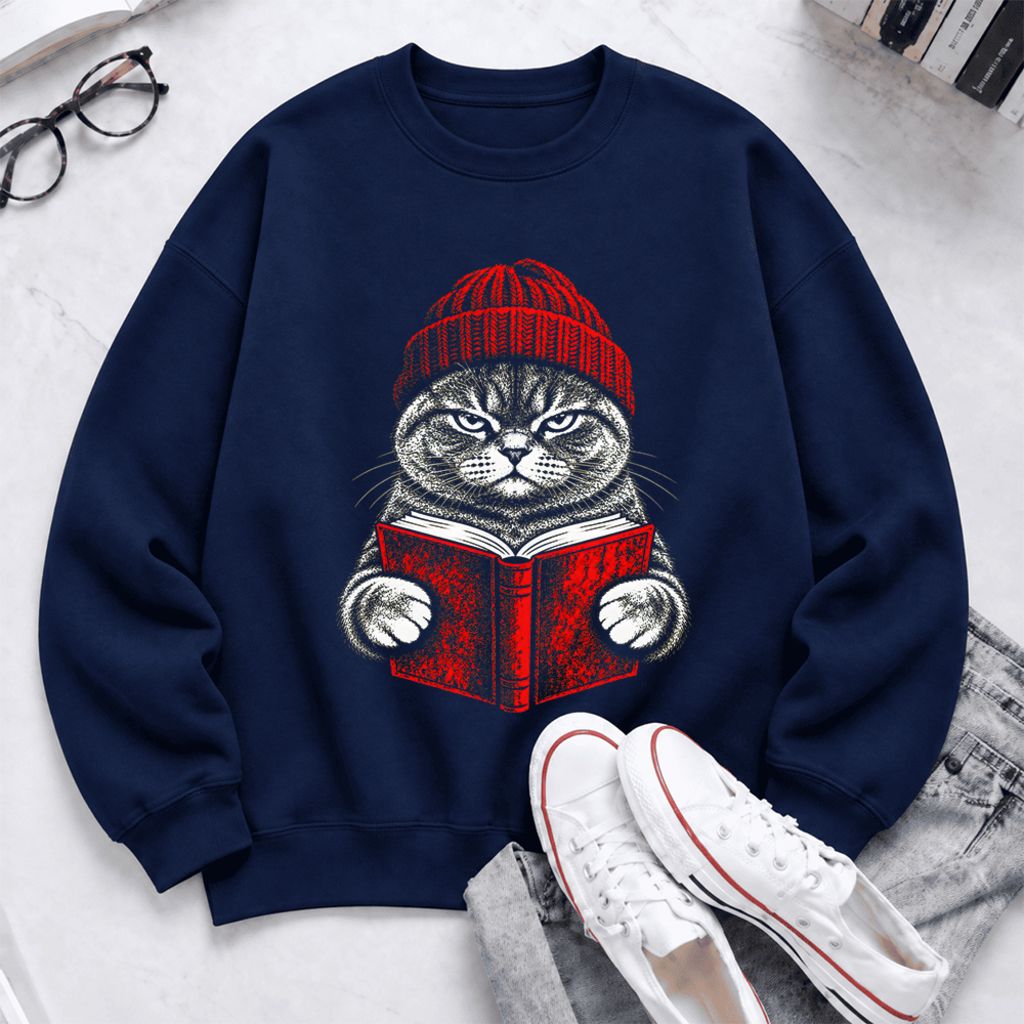 Vintage Reading Cat British Shorthair Softstyle Sweatshirt | Christmas Gift Navy